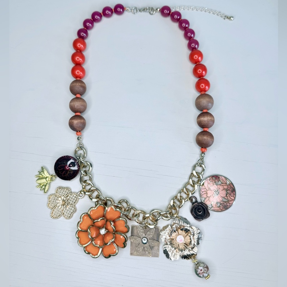Bright Floral and Cloisonné Charm Necklace #69